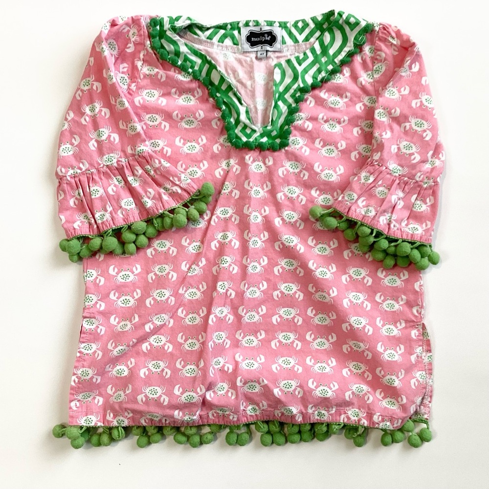 Mudpie Girls Crab Print Tunic with Pom Pom Trim - Pink/Green - 4T